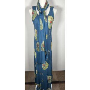 Vintage 90s Harari 100% silk asian dragonfly maxi dress w/scarf M retro designer